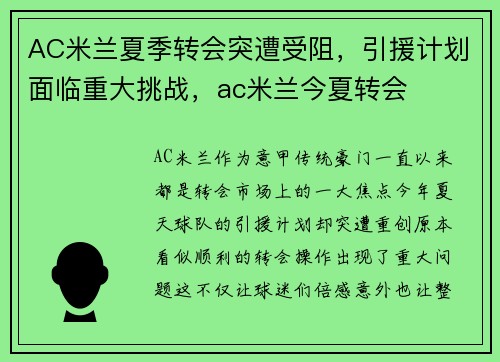 AC米兰夏季转会突遭受阻，引援计划面临重大挑战，ac米兰今夏转会