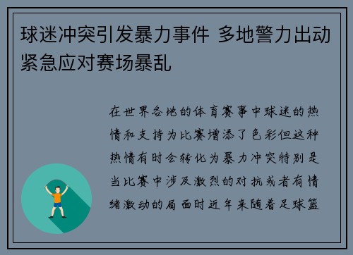 球迷冲突引发暴力事件 多地警力出动紧急应对赛场暴乱