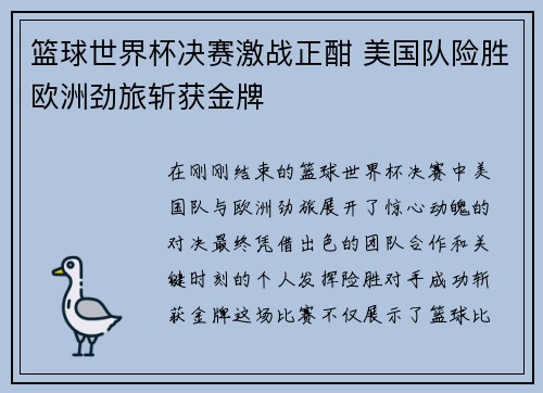 篮球世界杯决赛激战正酣 美国队险胜欧洲劲旅斩获金牌
