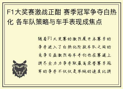 F1大奖赛激战正酣 赛季冠军争夺白热化 各车队策略与车手表现成焦点